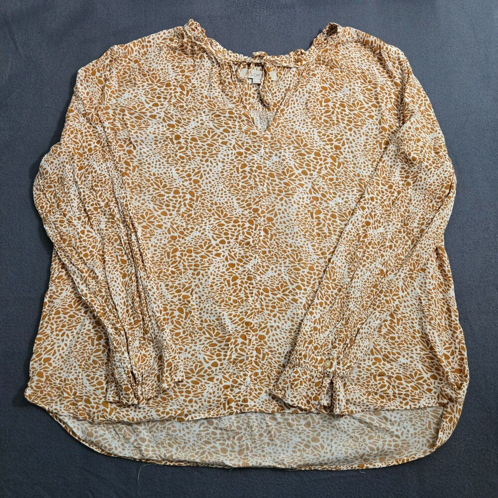 LOFT Women XL White Animal Print Ruffle Keyhole Long Sleeve Peasant Blouse